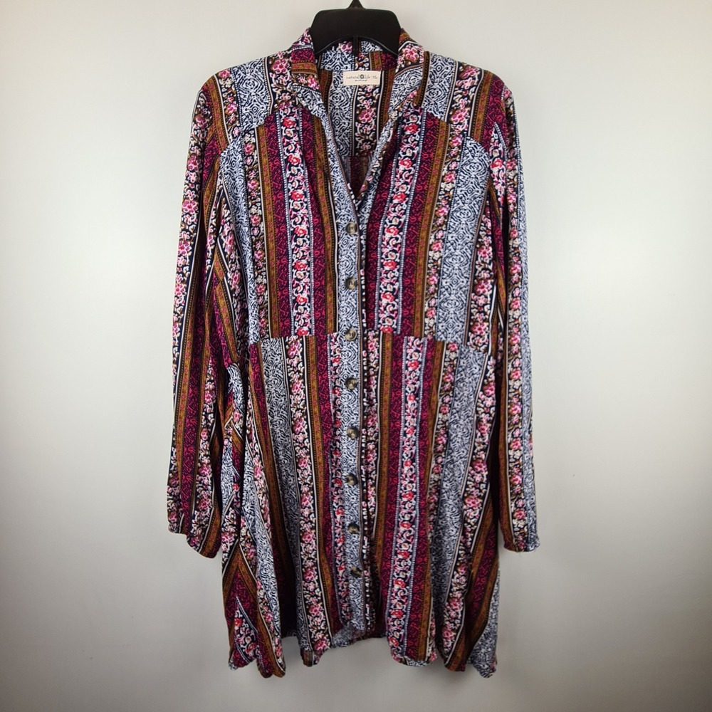 Natural Life Boho Floral Stripe Button Front Tunic Mini Dress Women XL Patchwork